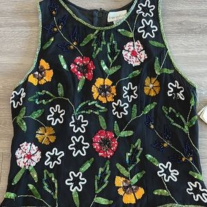 Vintage Multi Color Silk Floral Sequin and Beads Vest Top